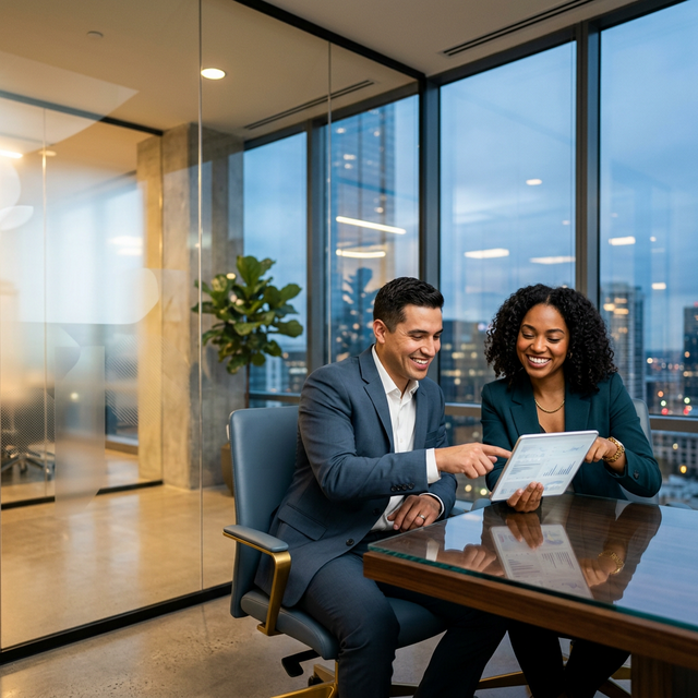 Two business professionals reviewing financial data in a modern office